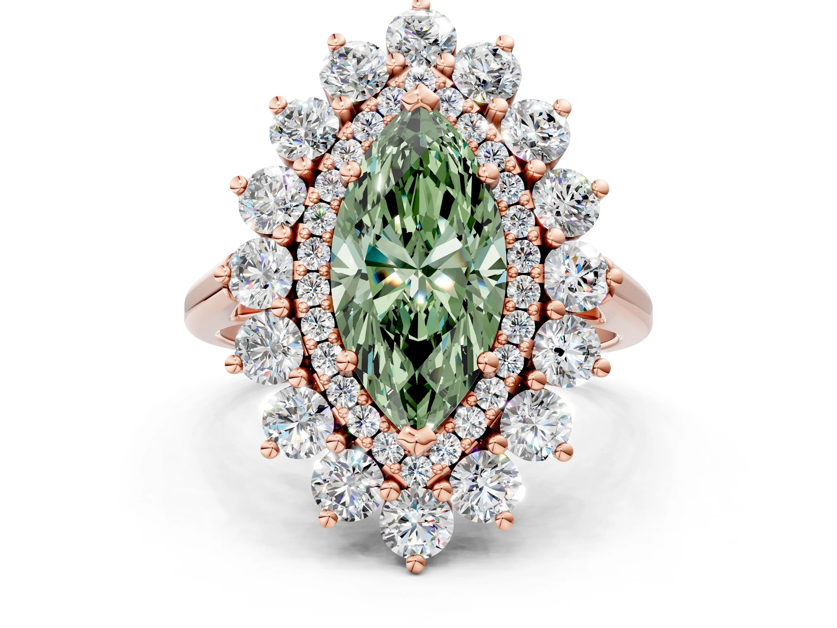 Rose gold Fancy Green Marquise Cut Halo Cluster Diamond Ring with Pave Band and Four-Prong Setting