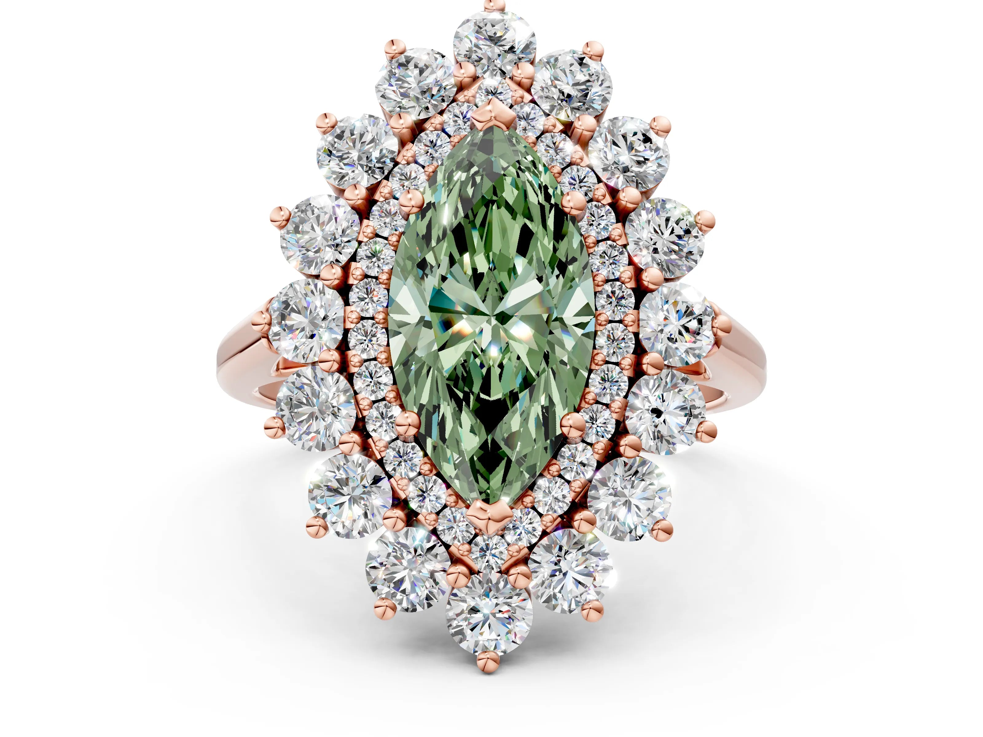 Rose gold Fancy Green Marquise Cut Halo Cluster Diamond Ring with Pave Band and Four-Prong Setting_12