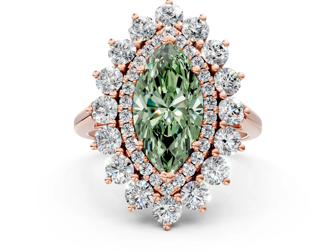 Rose gold Fancy Green Marquise Cut Halo Cluster Diamond Ring with Pave Band and Four-Prong Setting_12