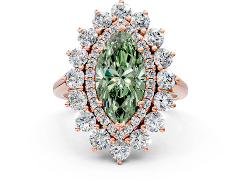 Rose gold Fancy Green Marquise Cut Halo Cluster Diamond Ring with Pave Band and Four-Prong Setting_12