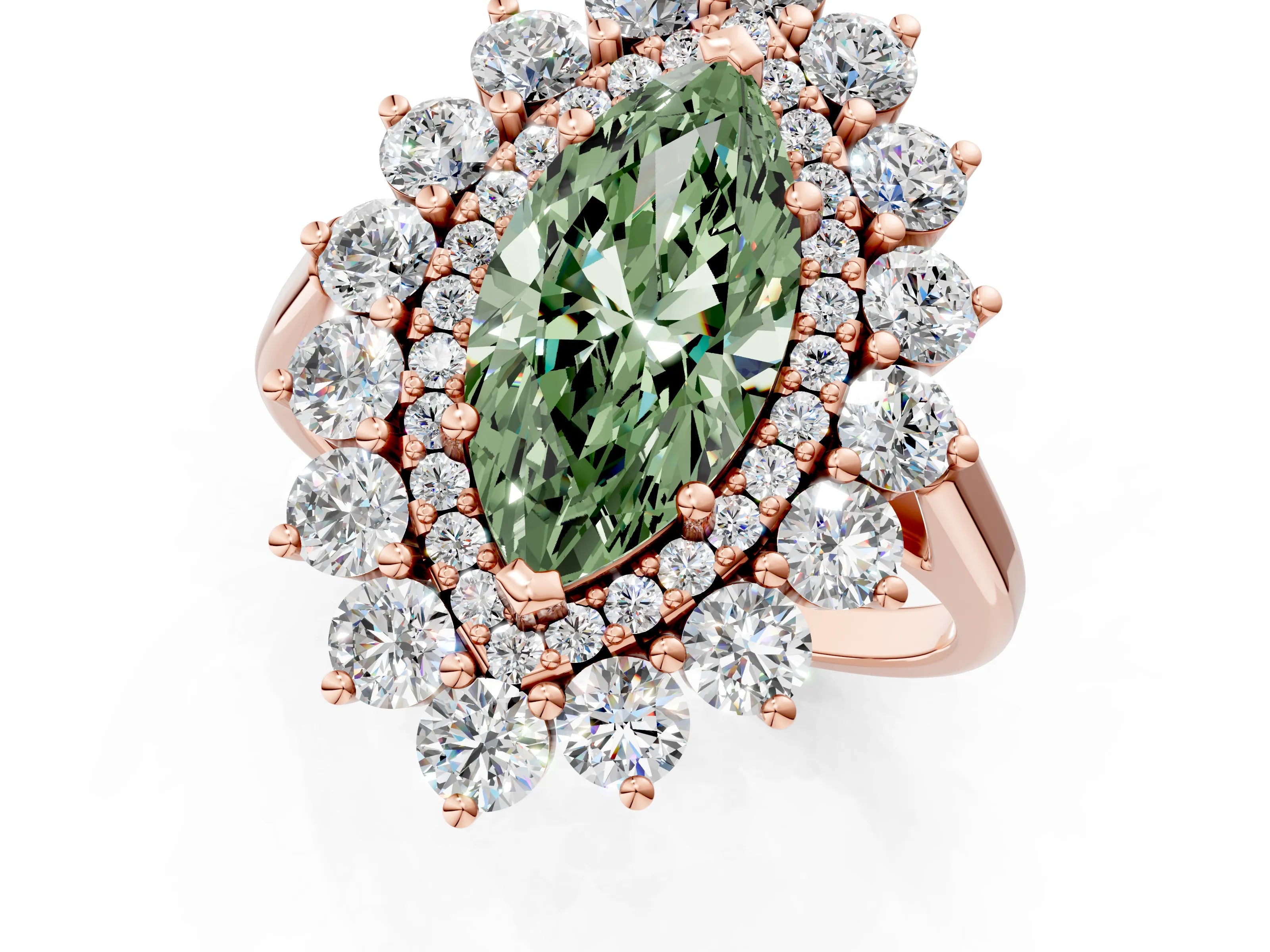 Rose gold Fancy Green Marquise Cut Halo Cluster Diamond Ring with Pave Band and Four-Prong Setting_13