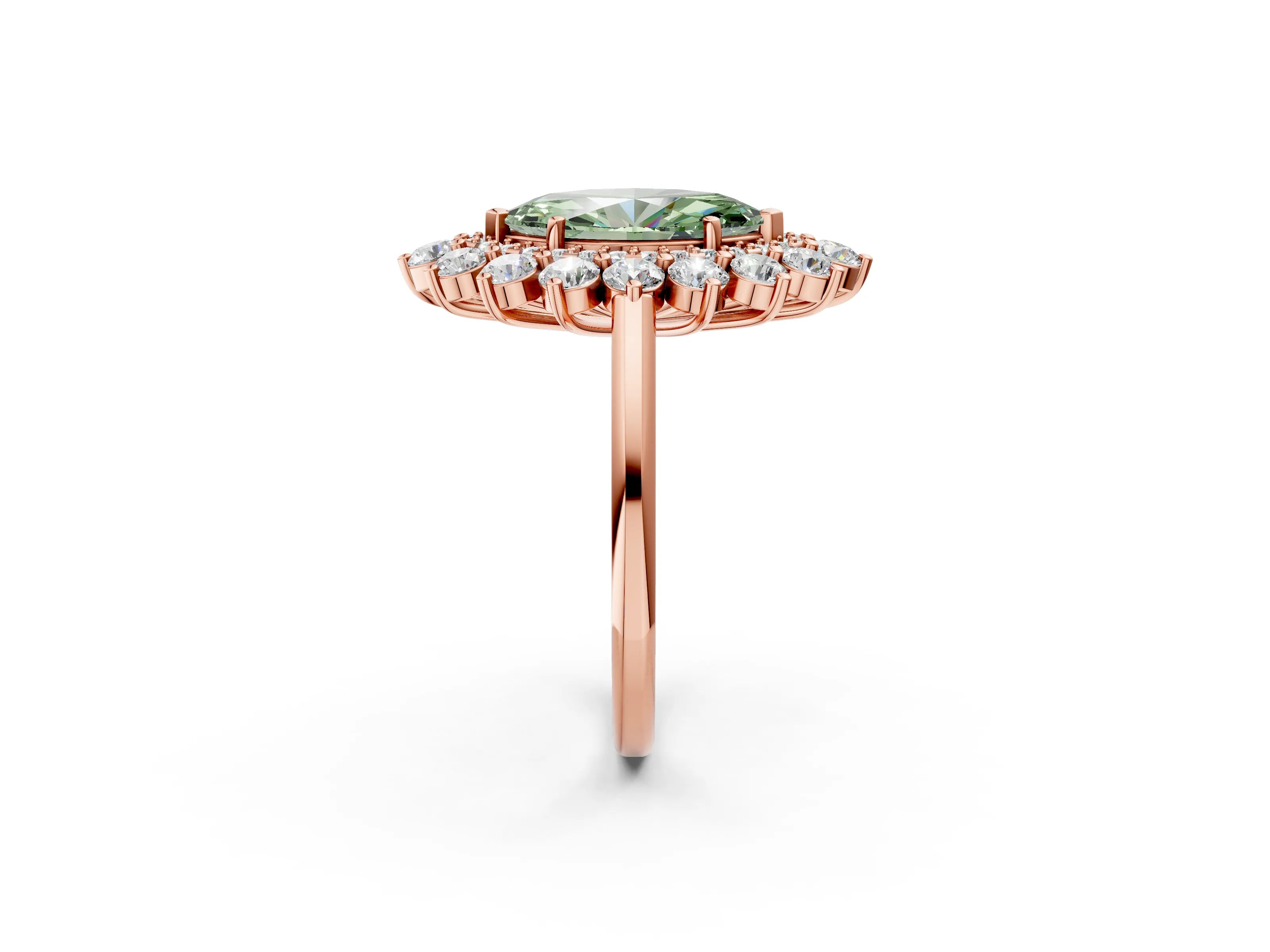 Rose gold Fancy Green Marquise Cut Halo Cluster Diamond Ring with Pave Band and Four-Prong Setting_14
