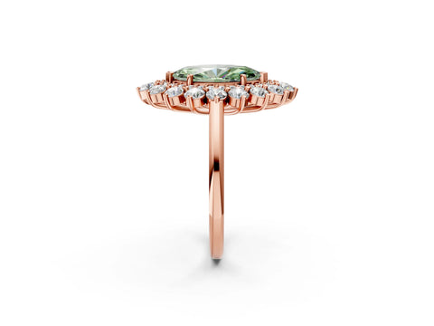 Rose gold Fancy Green Marquise Cut Halo Cluster Diamond Ring with Pave Band and Four-Prong Setting_14