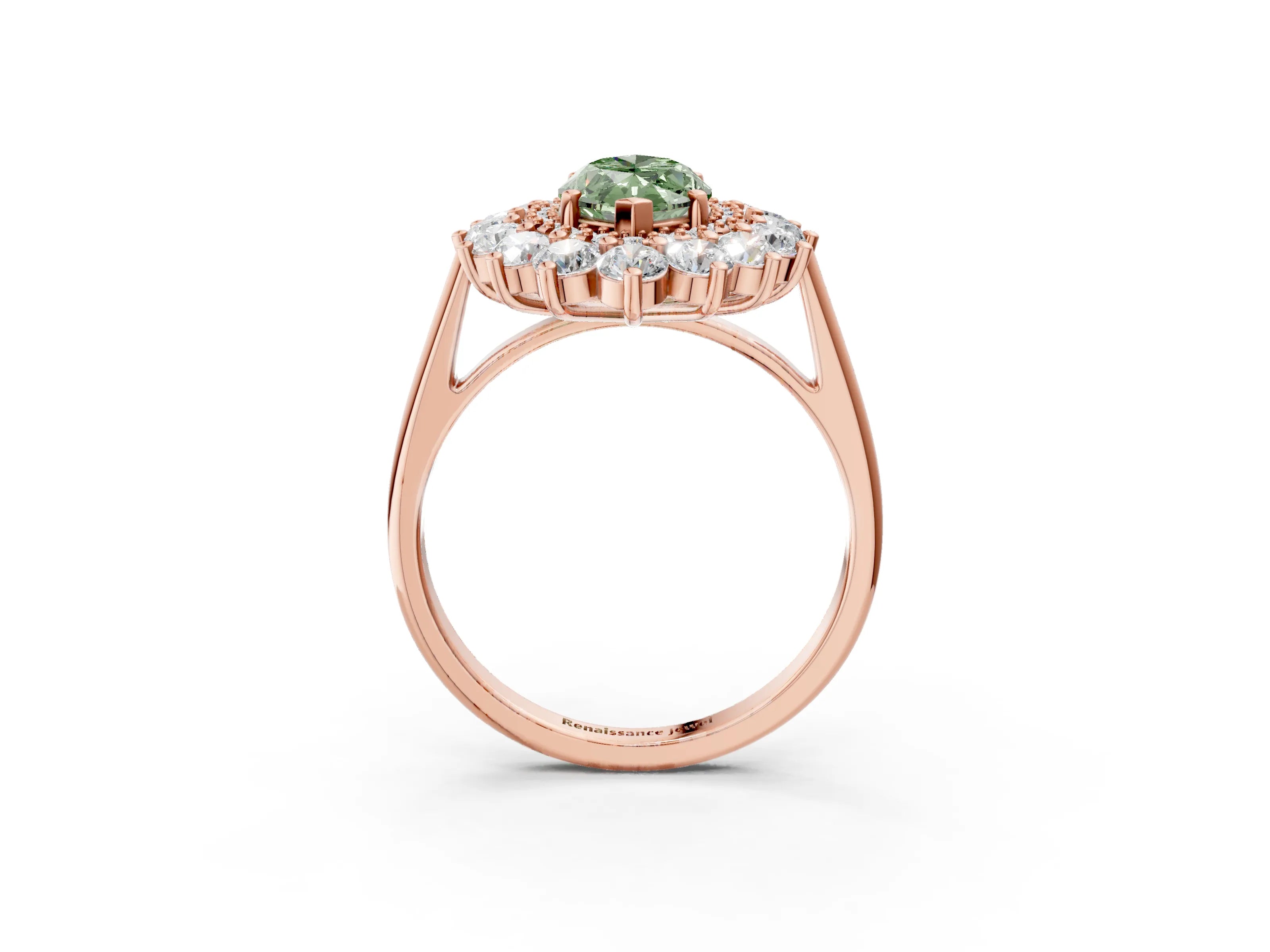 Rose gold Fancy Green Marquise Cut Halo Cluster Diamond Ring with Pave Band and Four-Prong Setting_15