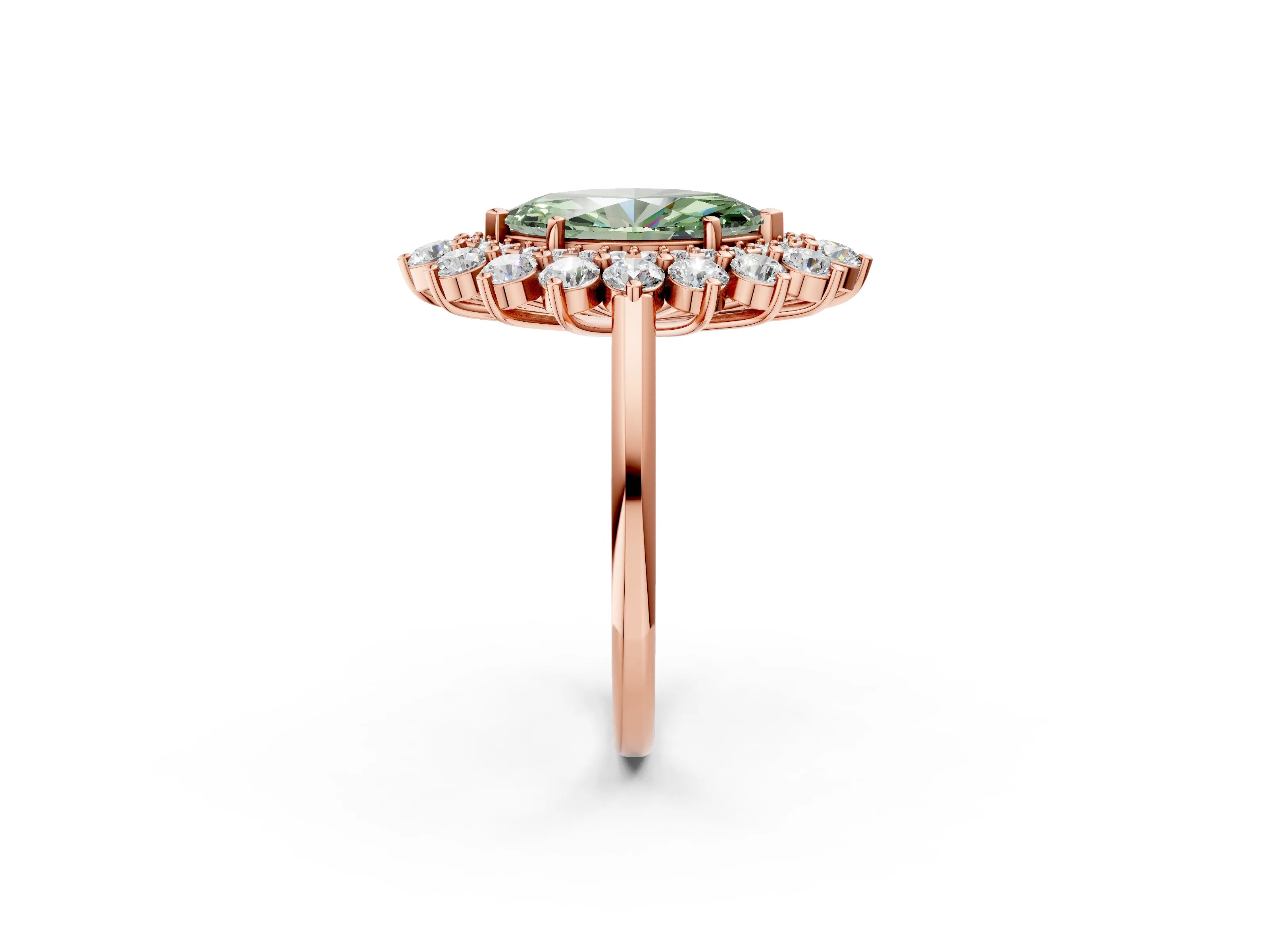 Rose gold Fancy Green Marquise Cut Halo Cluster Diamond Ring with Pave Band and Four-Prong Setting_2