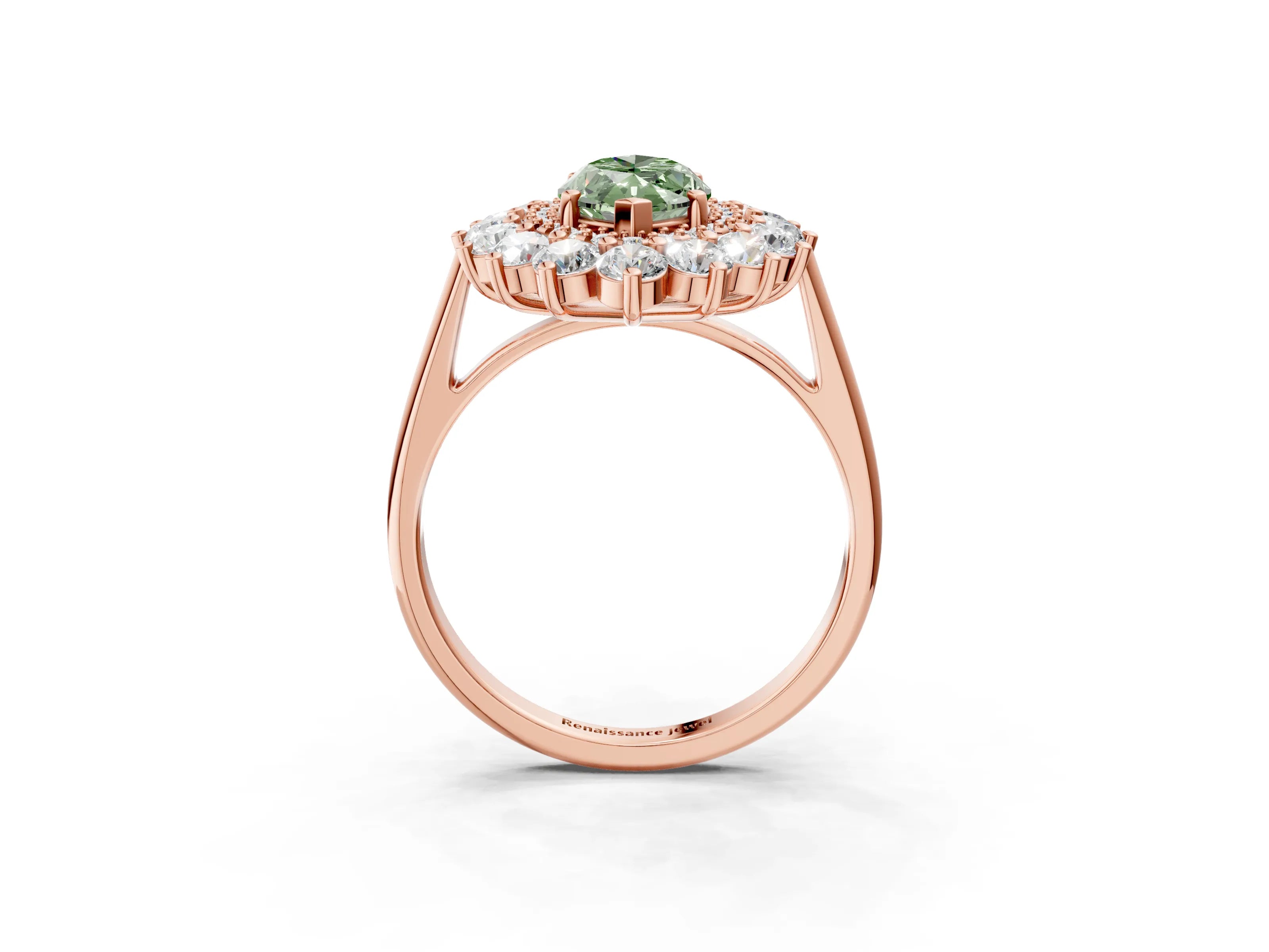 Rose gold Fancy Green Marquise Cut Halo Cluster Diamond Ring with Pave Band and Four-Prong Setting_3