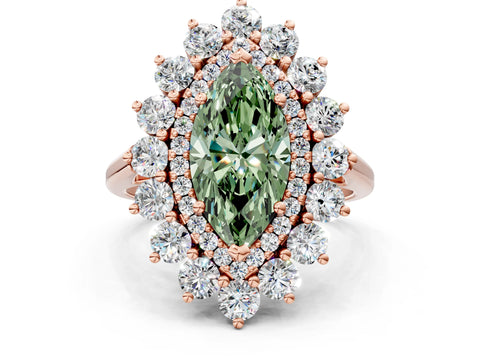 Rose gold Fancy Green Marquise Cut Halo Cluster Diamond Ring with Pave Band and Four-Prong Setting
