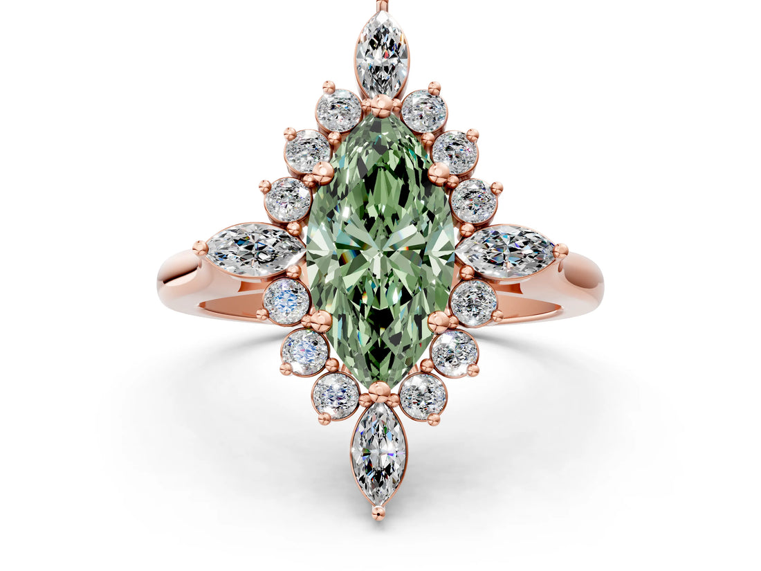 Rose gold Fancy Green Marquise Cut Halo Diamond Cluster Ring with Marquise and Round Stones on a White Gold Band with Prong Setting