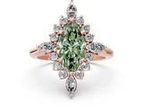 Rose gold Fancy Green Marquise Cut Halo Diamond Cluster Ring with Marquise and Round Stones on a White Gold Band with Prong Setting
