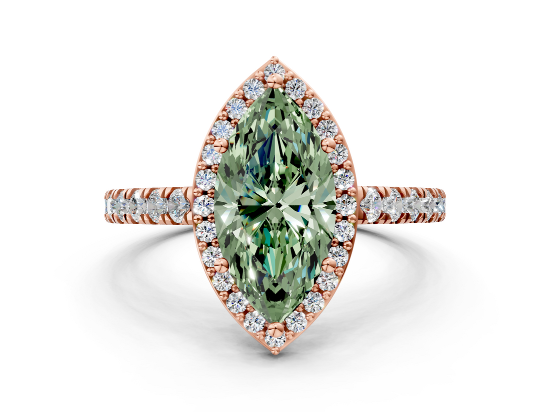 Rose gold Fancy Green Marquise  Cut Halo Diamond Engagement Ring with Pave Band and Four-Prong Setting_28
