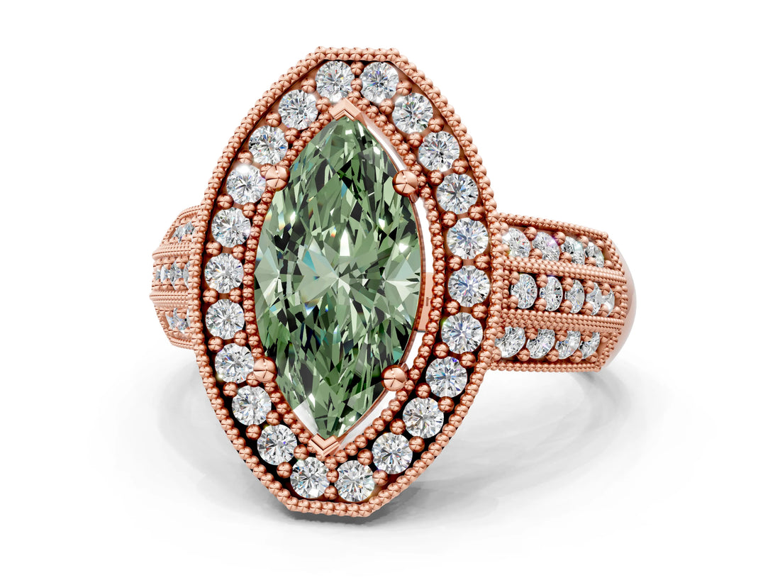 Rose gold Fancy Green Marquise Cut Halo Diamond Engagement Ring with Pave Split Shank and Four-Prong Setting