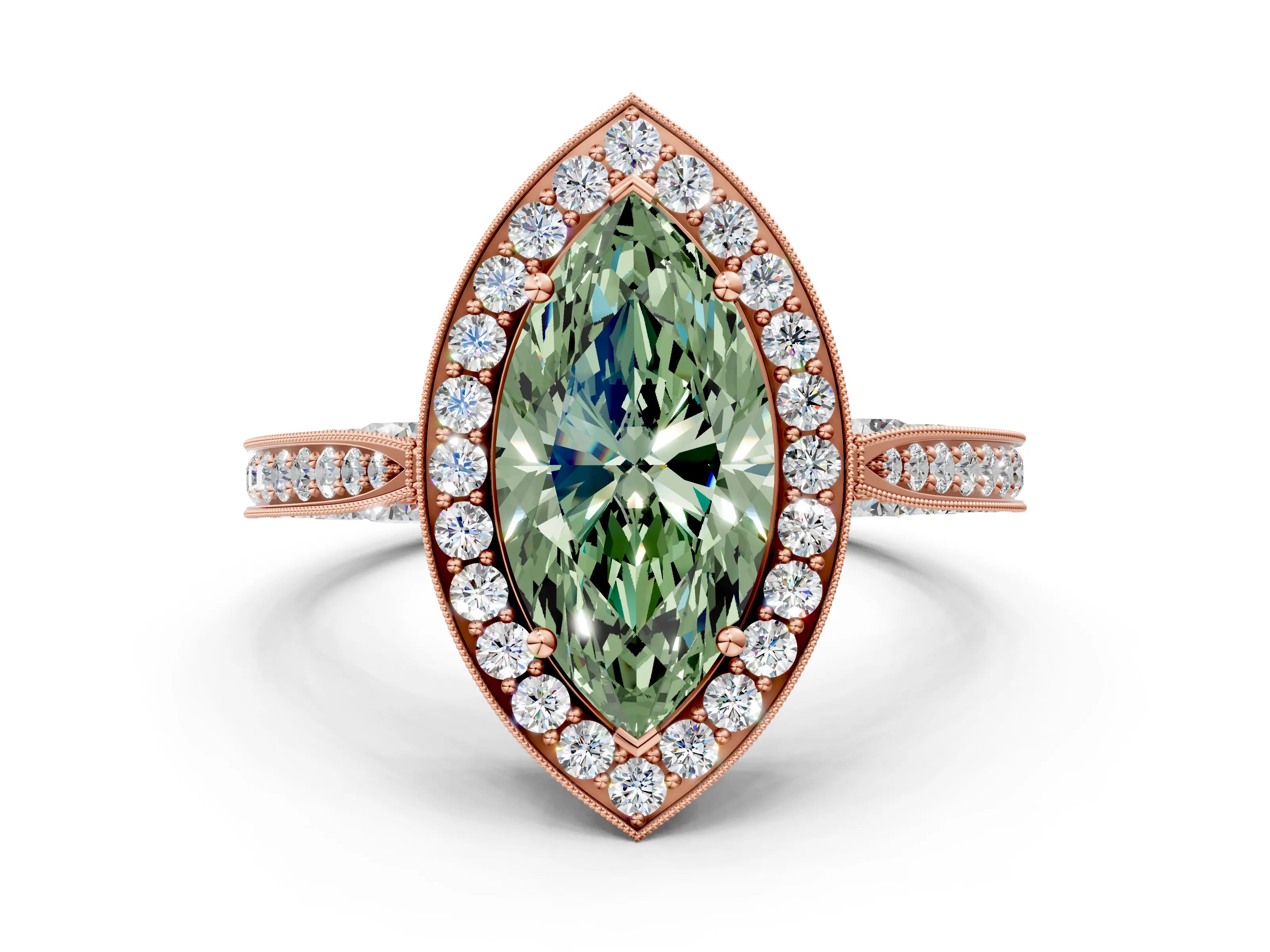 Rose gold Fancy Green Marquise Cut Halo Diamond Engagement Ring with Split Shank Band and Four-Prong Setting