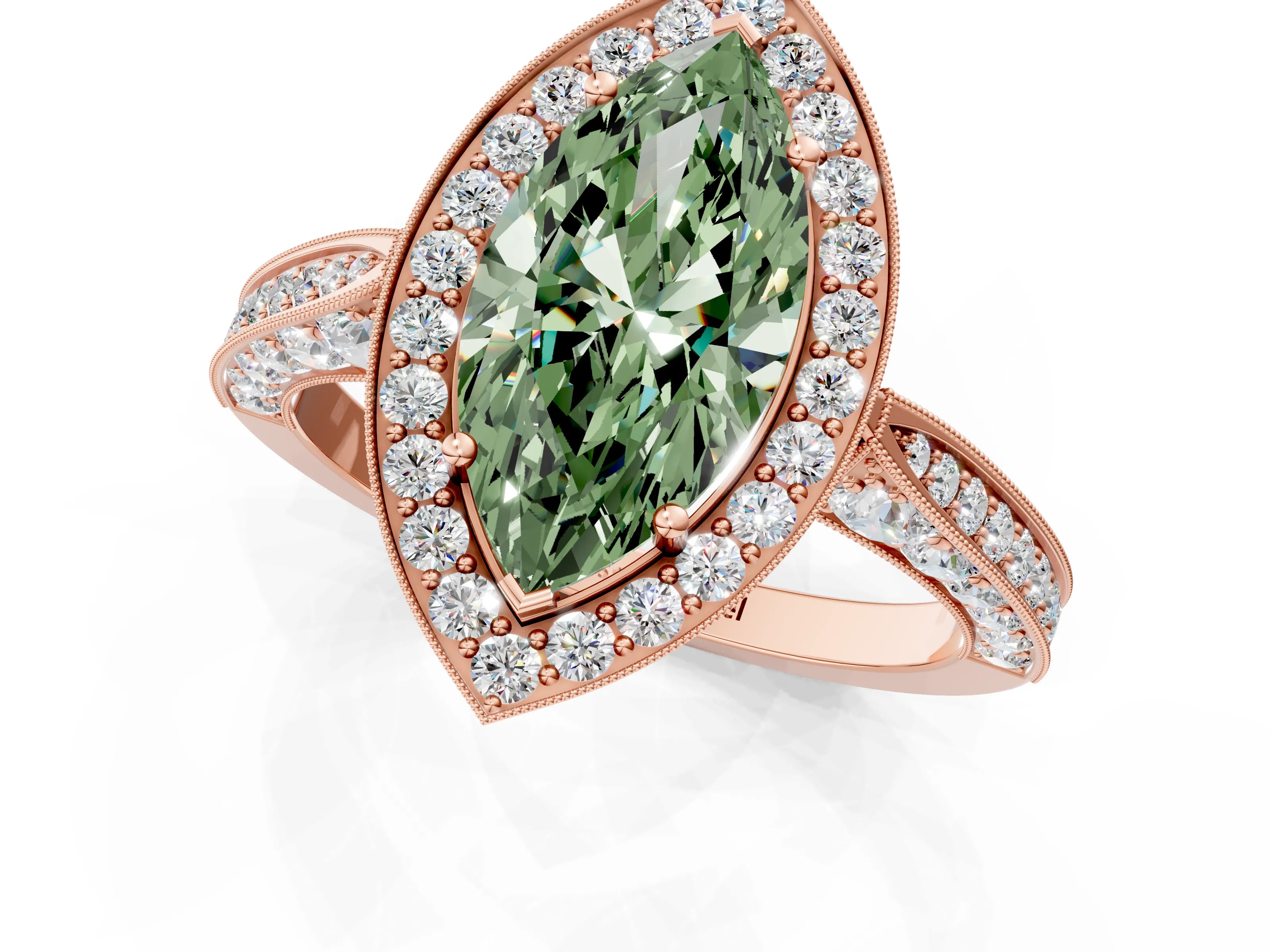 Rose gold Fancy Green Marquise Cut Halo Diamond Engagement Ring with Split Shank Band and Four-Prong Setting_1