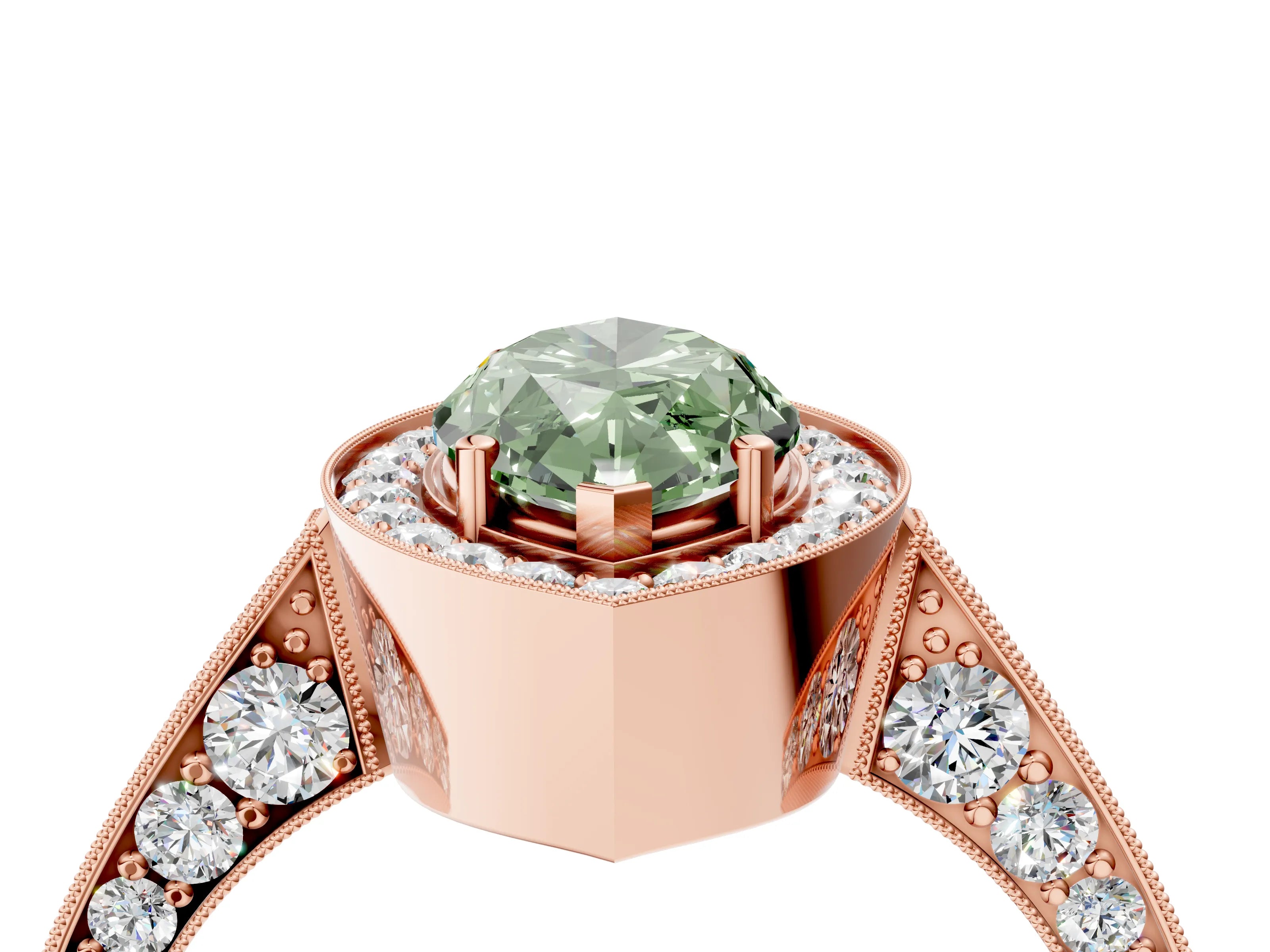 Rose gold Fancy Green Marquise Cut Halo Diamond Engagement Ring with Split Shank Band and Four-Prong Setting_4