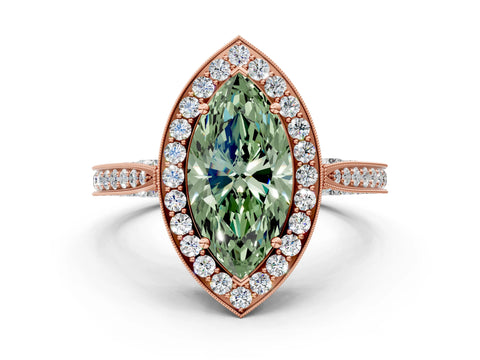 Rose gold Fancy Green Marquise Cut Halo Diamond Engagement Ring with Split Shank Band and Four-Prong Setting