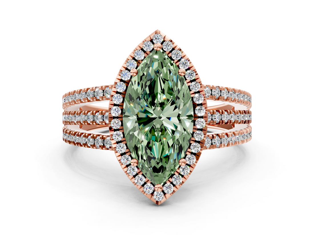 Rose gold Fancy Green Marquise  Cut Halo Diamond Engagement Ring with Split Shank and Four-Prong Setting_20