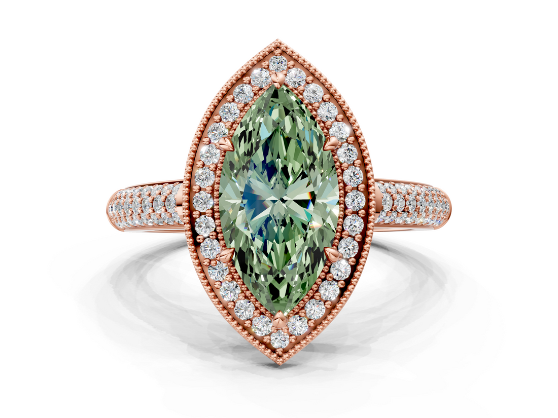 Rose gold Fancy Green Marquise  Cut Halo Diamond Pave Band with Four-Prong Setting_37