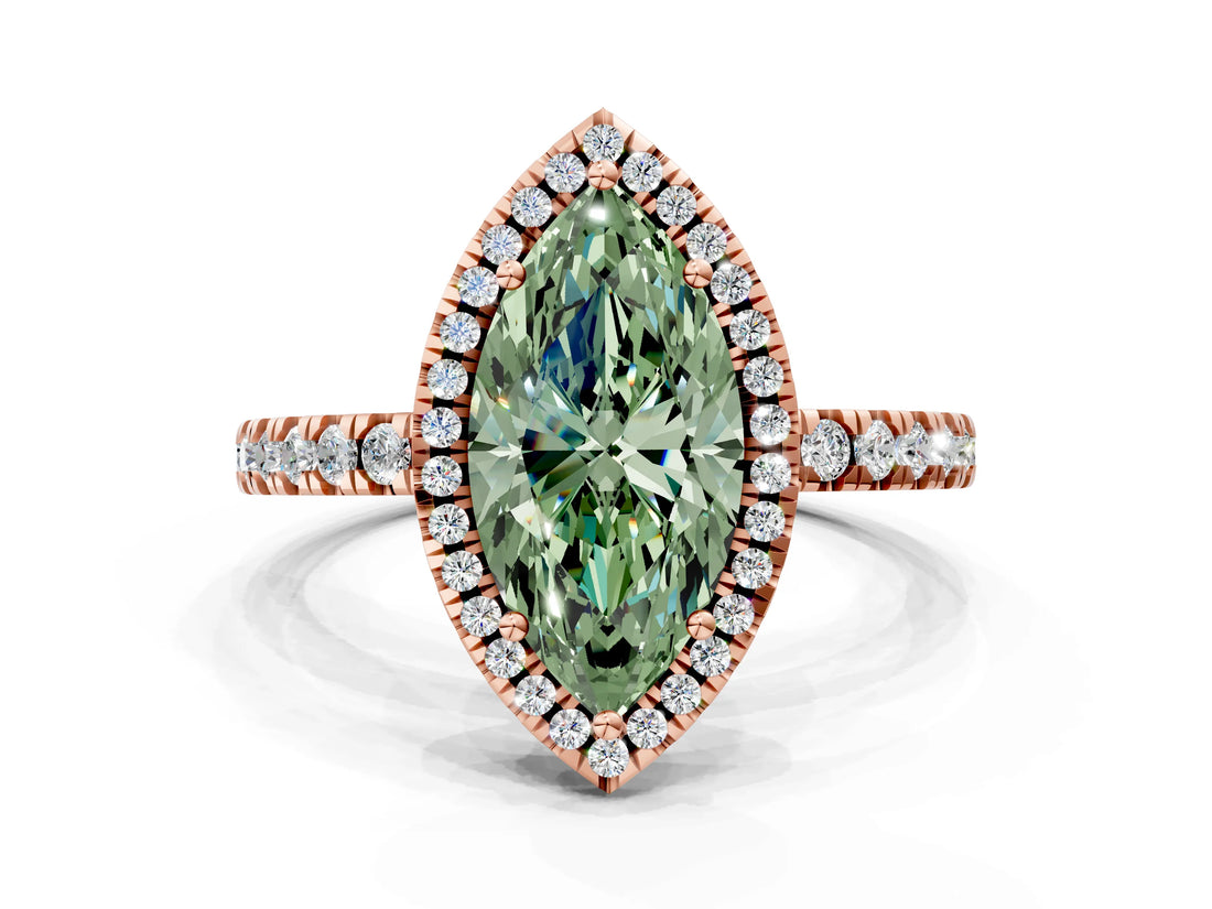Rose gold Fancy Green Marquise Cut Halo Diamond Pave Band with Prong Setting