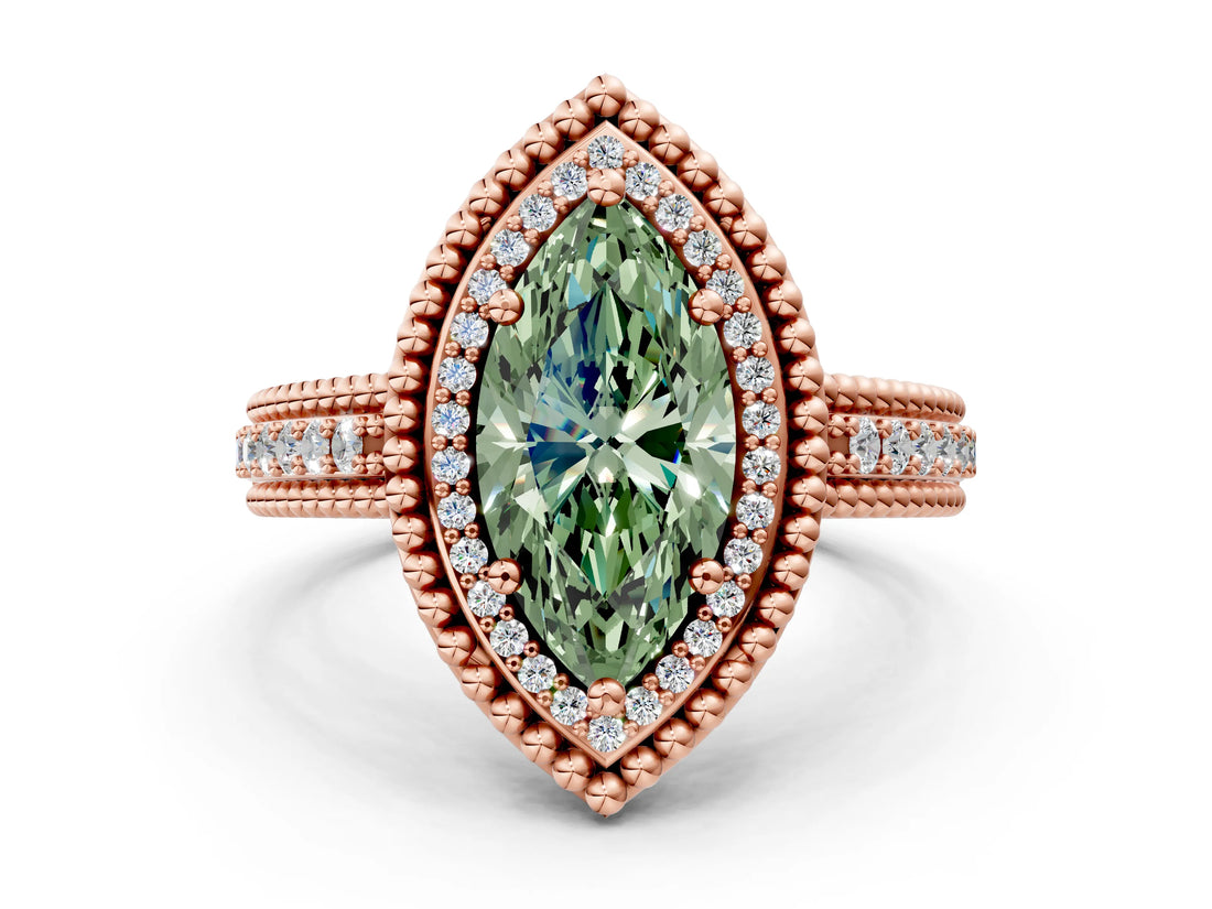 Rose gold Fancy Green Marquise Cut Halo Diamond Ring with Beaded Split Shank and Four-Prong Setting