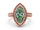 Rose gold Fancy Green Marquise Cut Halo Diamond Ring with Beaded Split Shank and Four-Prong Setting