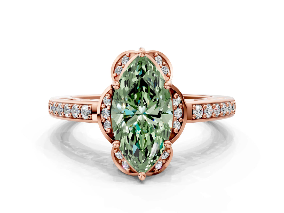 Rose gold Fancy Green Marquise  Cut Halo Diamond Ring with Channel Set Band and Four-Prong Setting_32