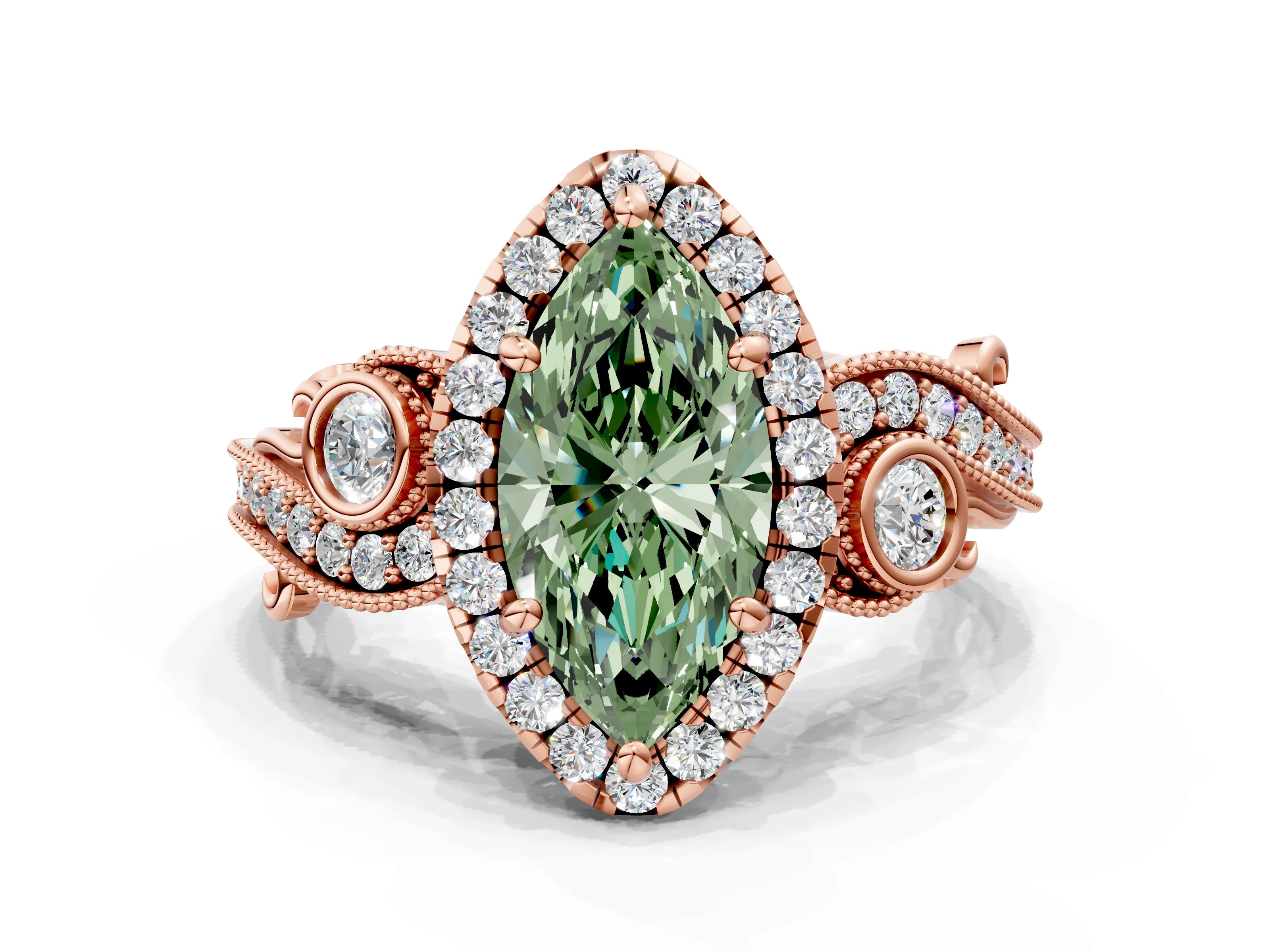 Rose gold Fancy Green Marquise Cut Halo Diamond Ring with Milgrain and Bezel Accents on a Split Shank Band
