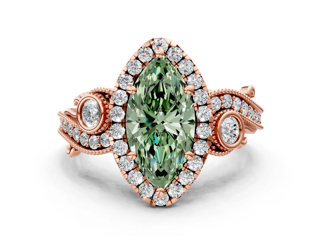 Rose gold Fancy Green Marquise Cut Halo Diamond Ring with Milgrain and Bezel Accents on a Split Shank Band_12