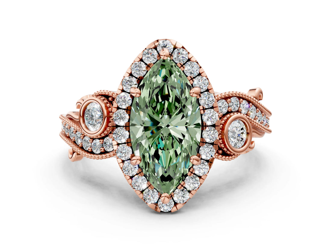Rose gold Fancy Green Marquise Cut Halo Diamond Ring with Milgrain and Bezel Accents on a Split Shank Band_12