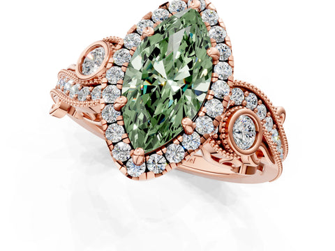 Rose gold Fancy Green Marquise Cut Halo Diamond Ring with Milgrain and Bezel Accents on a Split Shank Band_1