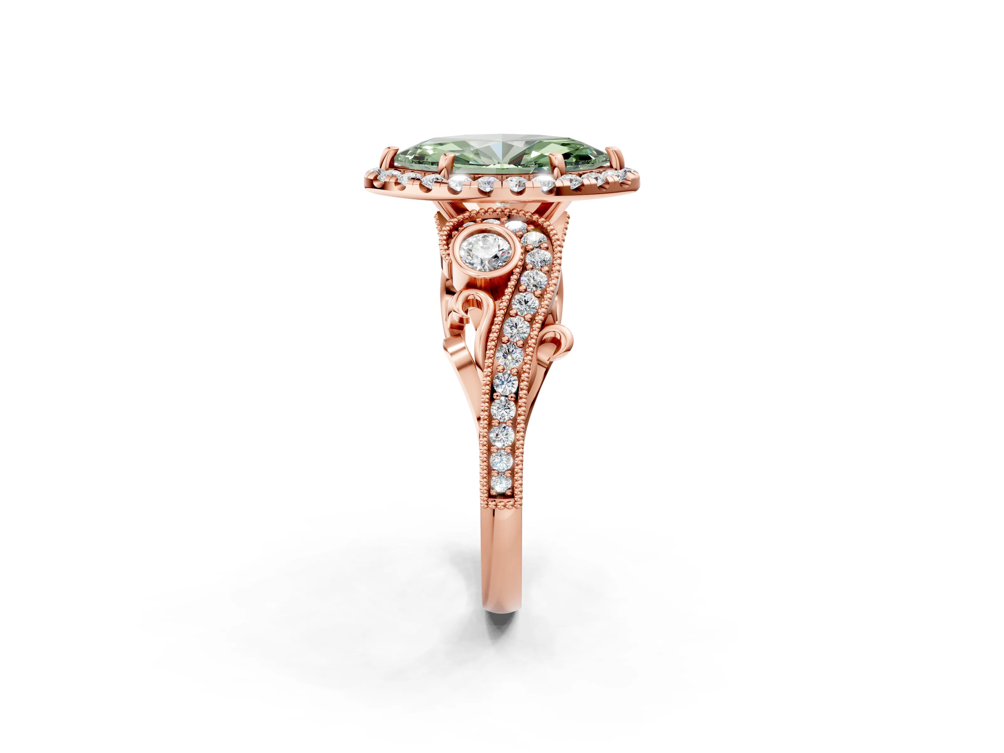 Rose gold Fancy Green Marquise Cut Halo Diamond Ring with Milgrain and Bezel Accents on a Split Shank Band_2