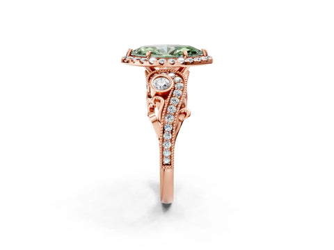 Rose gold Fancy Green Marquise Cut Halo Diamond Ring with Milgrain and Bezel Accents on a Split Shank Band_2