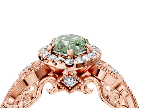 Rose gold Fancy Green Marquise Cut Halo Diamond Ring with Milgrain and Bezel Accents on a Split Shank Band_4