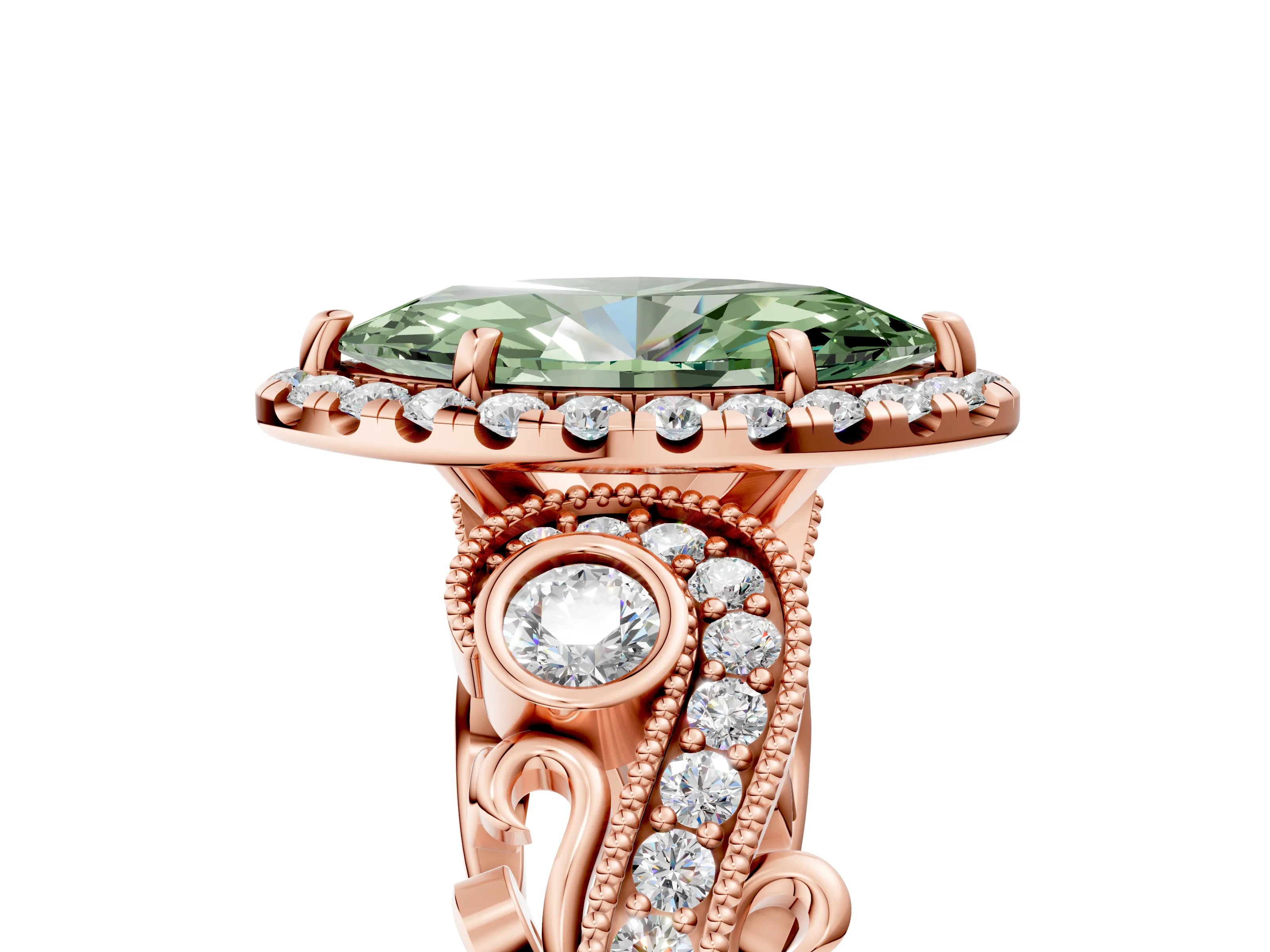 Rose gold Fancy Green Marquise Cut Halo Diamond Ring with Milgrain and Bezel Accents on a Split Shank Band_5