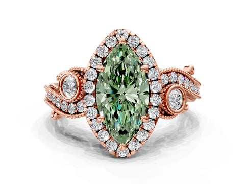 Rose gold Fancy Green Marquise Cut Halo Diamond Ring with Milgrain and Bezel Accents on a Split Shank Band