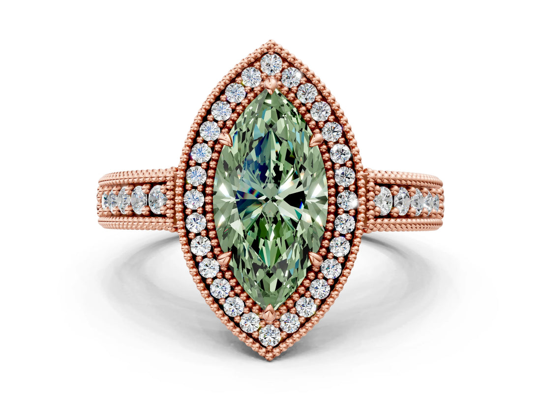 Rose gold Fancy Green Marquise  Cut Halo Diamond Ring with Pavé Band and Four-Prong Setting_59