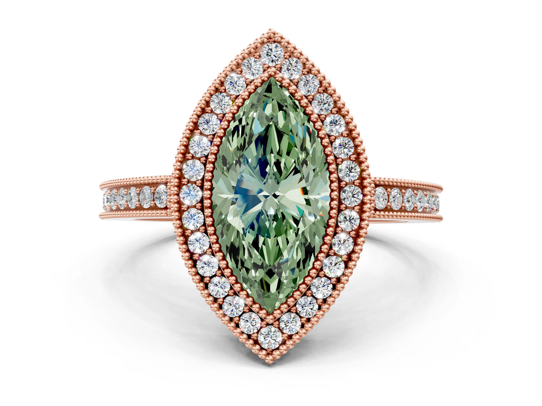 Rose gold Fancy Green Marquise  Cut Halo Diamond Ring with Pavé Band and Milgrain Prong Setting_32