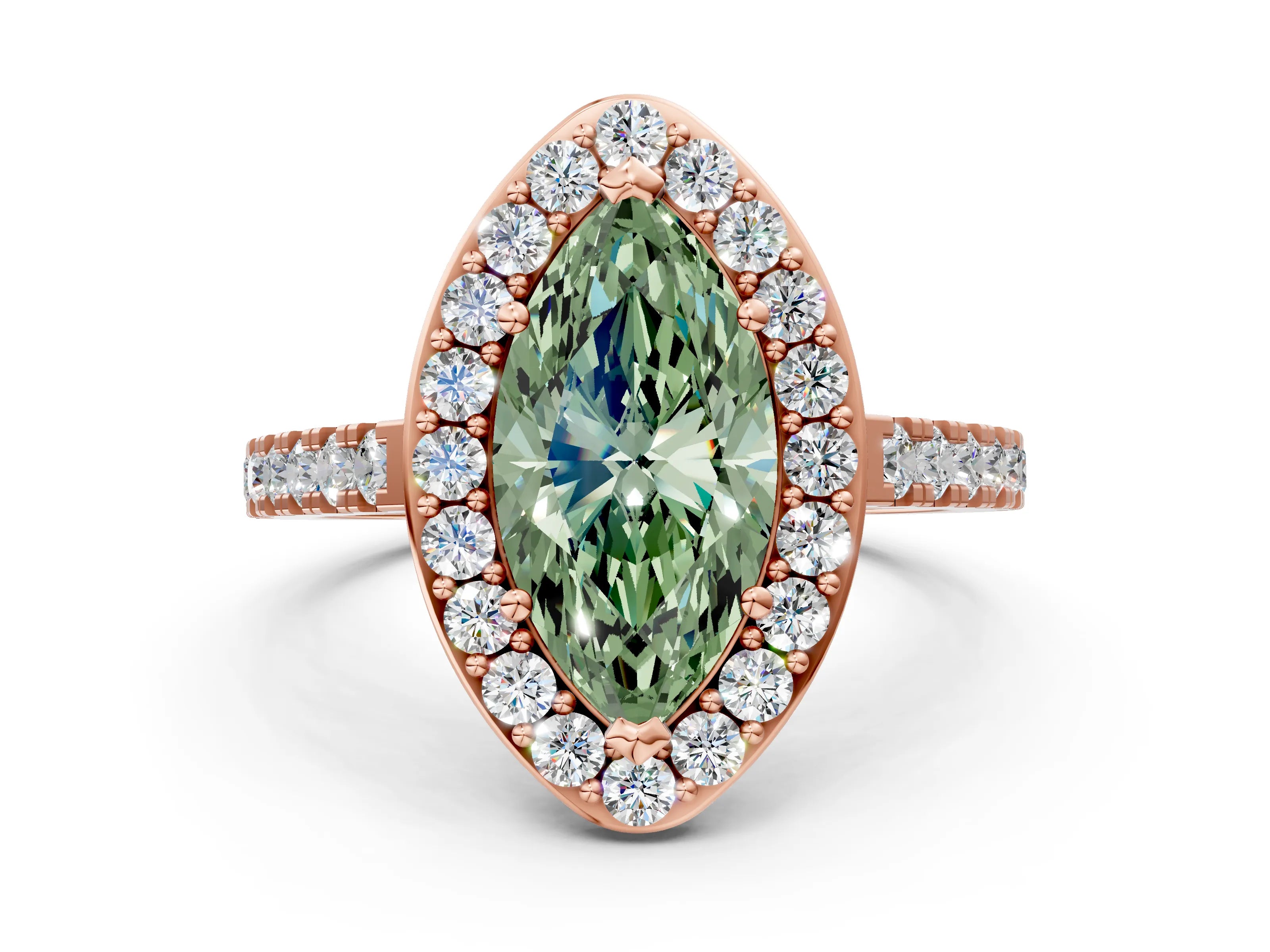 Rose gold Fancy Green Marquise Cut Halo Diamond Ring with Pavé Band and Three-Prong Setting