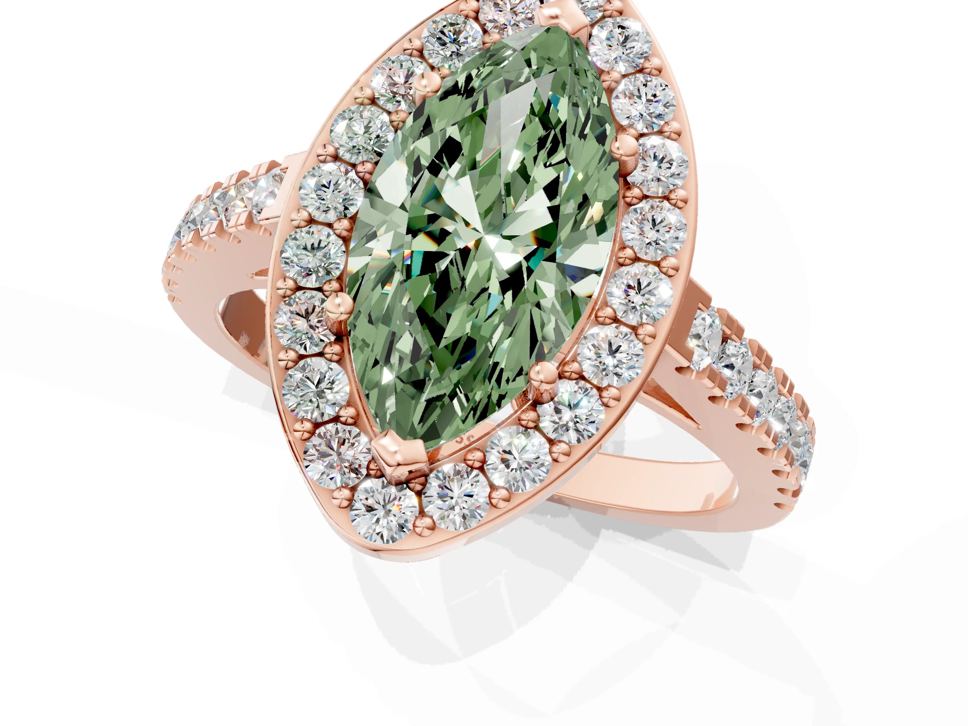 Rose gold Fancy Green Marquise Cut Halo Diamond Ring with Pavé Band and Three-Prong Setting_1