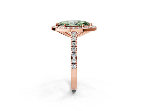 Rose gold Fancy Green Marquise Cut Halo Diamond Ring with Pavé Band and Three-Prong Setting_2
