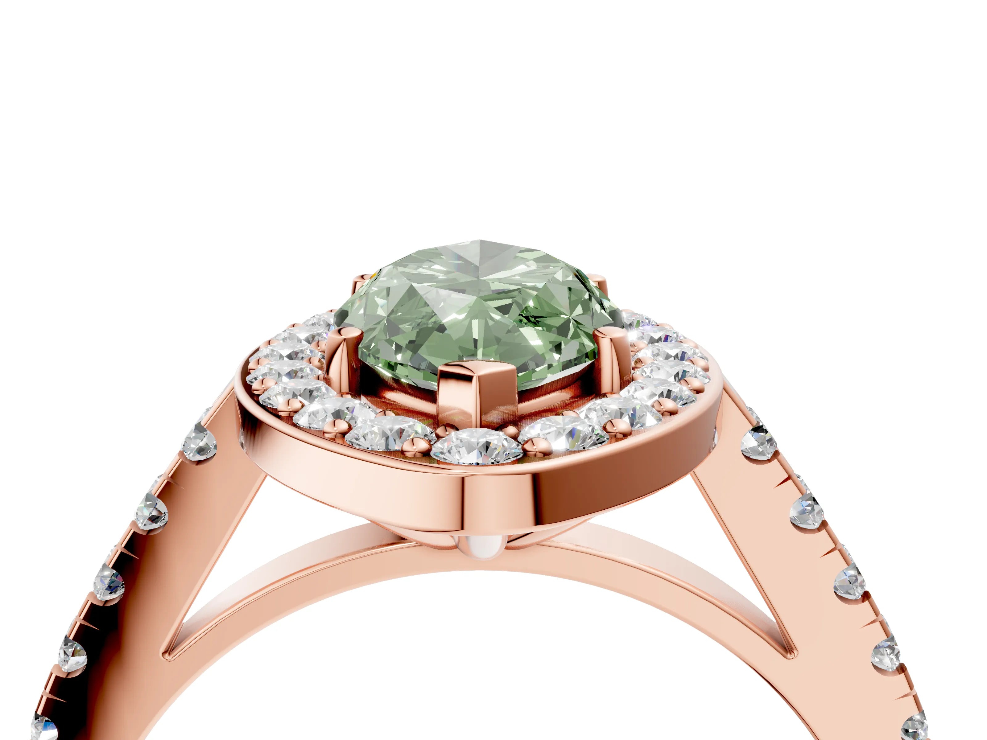 Rose gold Fancy Green Marquise Cut Halo Diamond Ring with Pavé Band and Three-Prong Setting_4