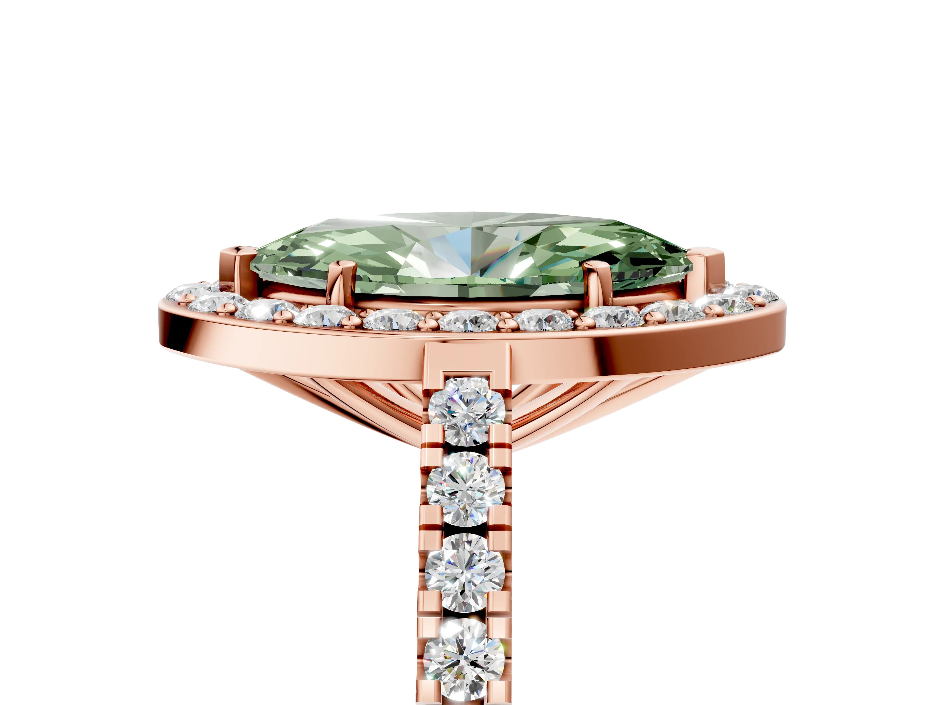 Rose gold Fancy Green Marquise Cut Halo Diamond Ring with Pavé Band and Three-Prong Setting_5