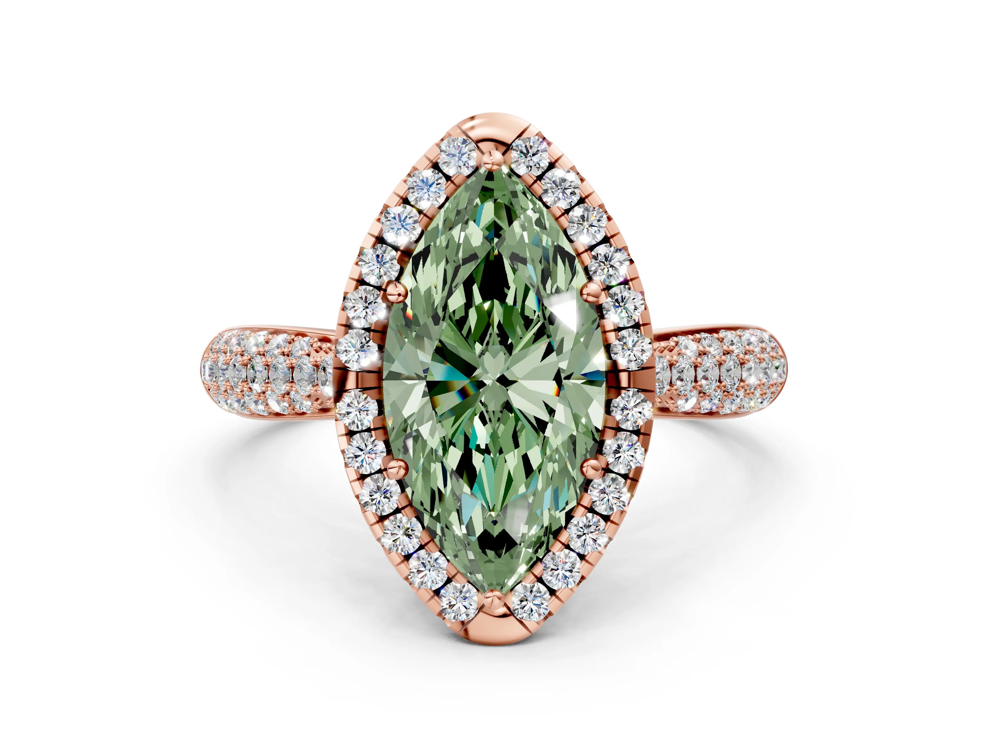 Rose gold Fancy Green Marquise Cut Halo Diamond Ring with Pavé Band