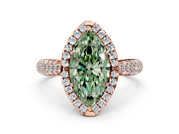 Rose gold Fancy Green Marquise Cut Halo Diamond Ring with Pavé Band