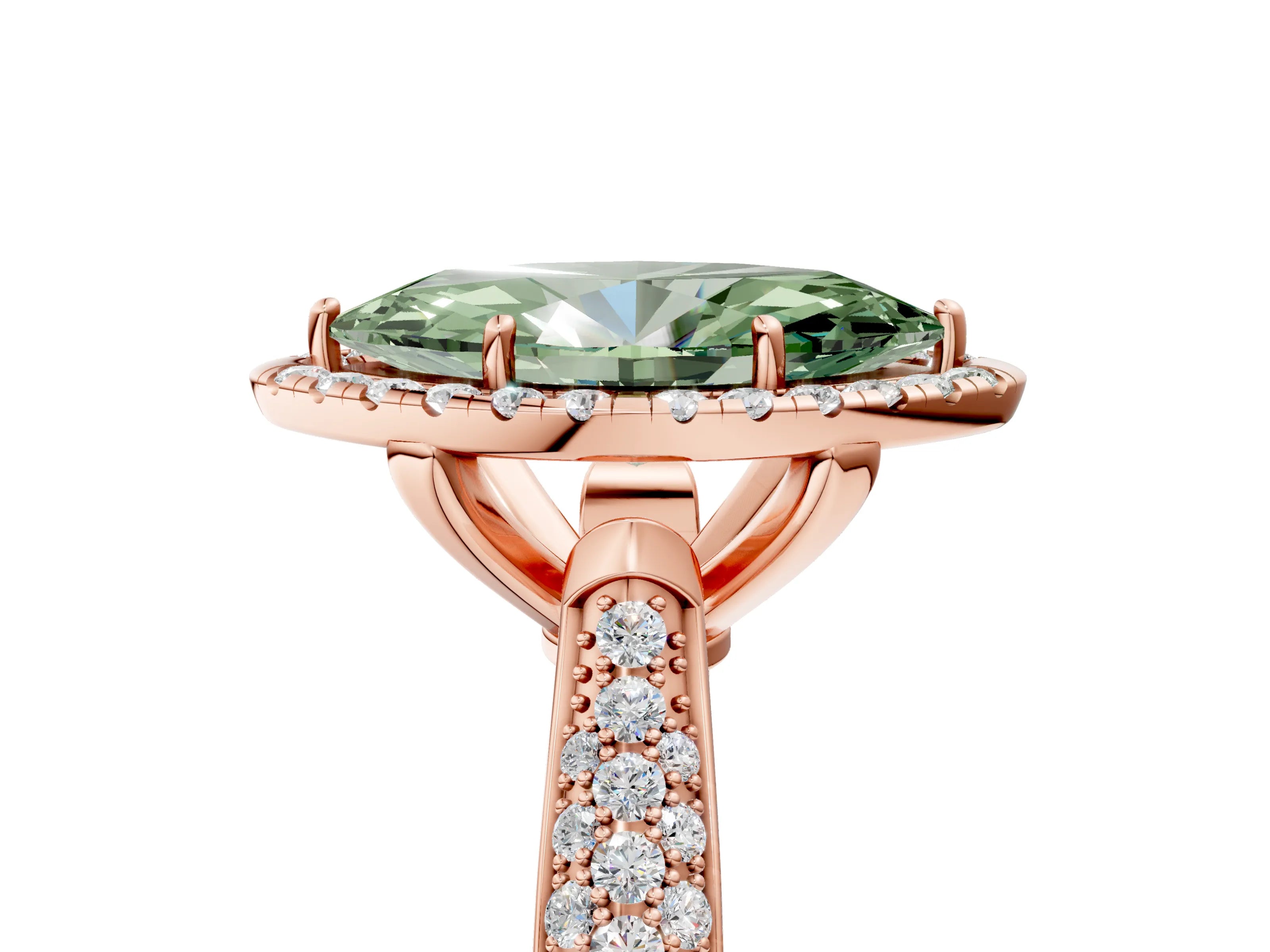 Rose gold Fancy Green Marquise Cut Halo Diamond Ring with Pavé Band_5