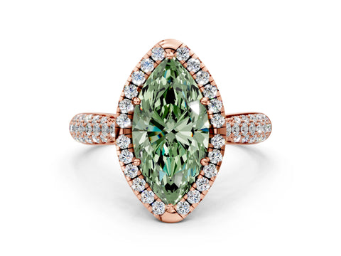 Rose gold Fancy Green Marquise Cut Halo Diamond Ring with Pavé Band