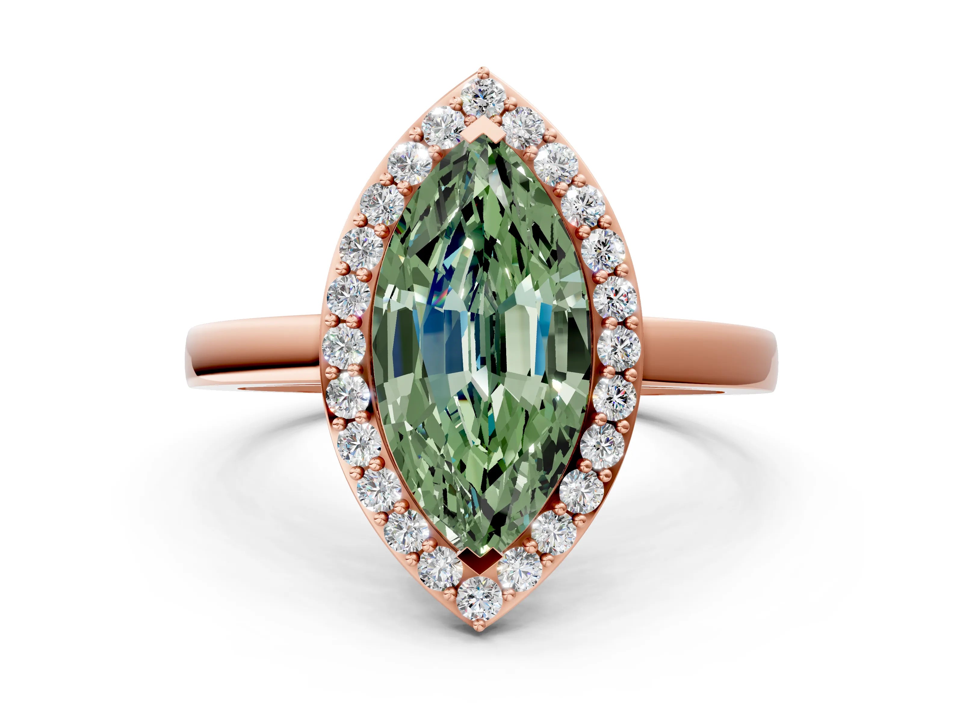 Rose gold Fancy Green Marquise Cut Halo Diamond Ring with Solitaire Band and Prong Setting