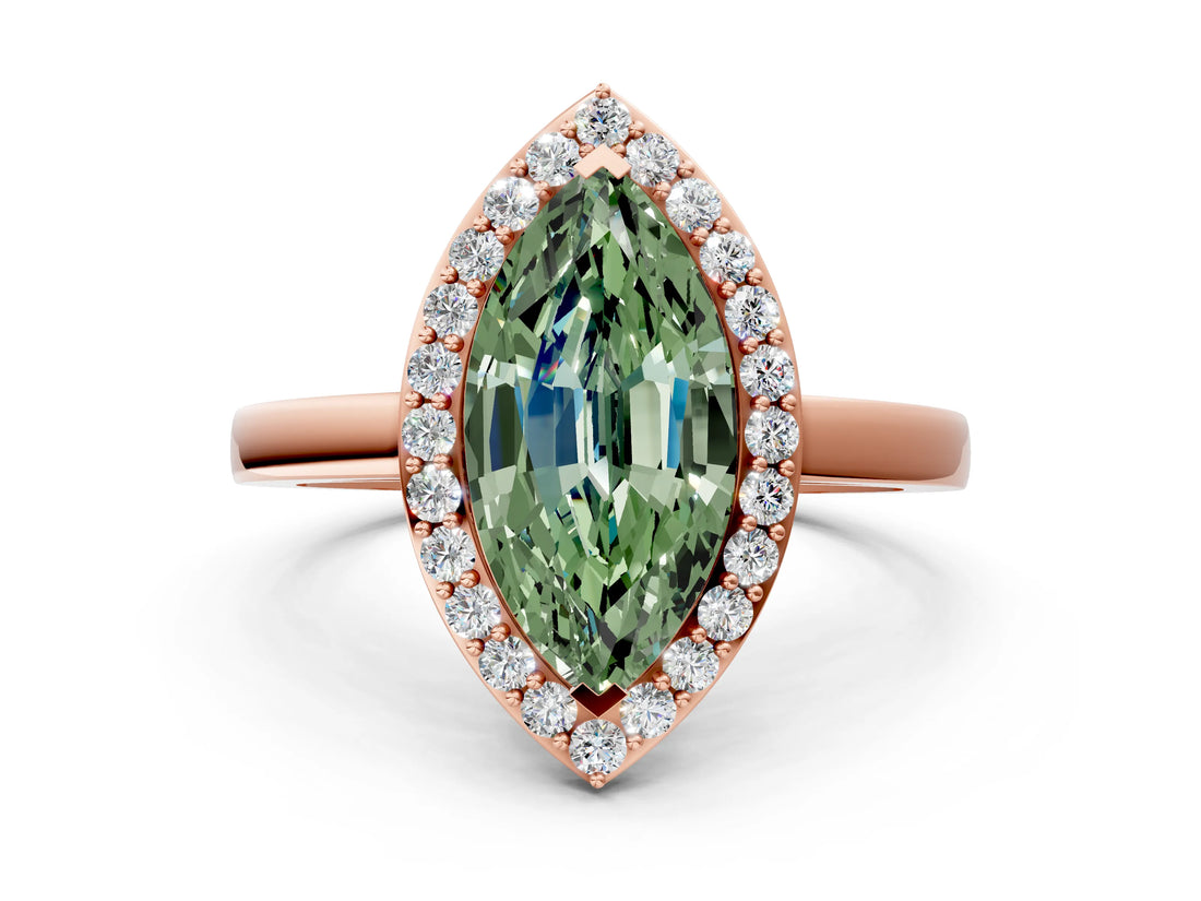 Rose gold Fancy Green Marquise Cut Halo Diamond Ring with Solitaire Band and Prong Setting