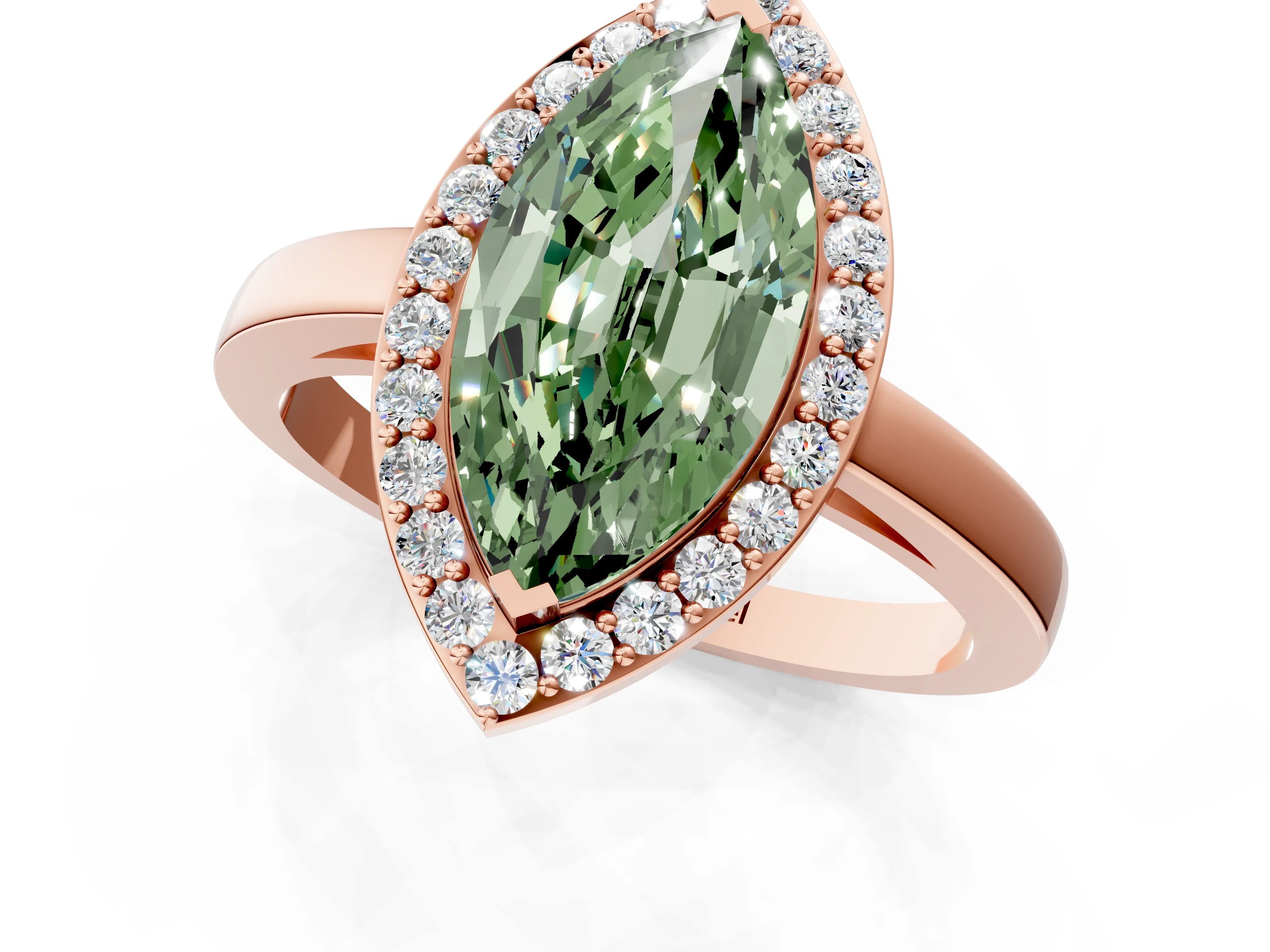 Rose gold Fancy Green Marquise Cut Halo Diamond Ring with Solitaire Band and Prong Setting_1