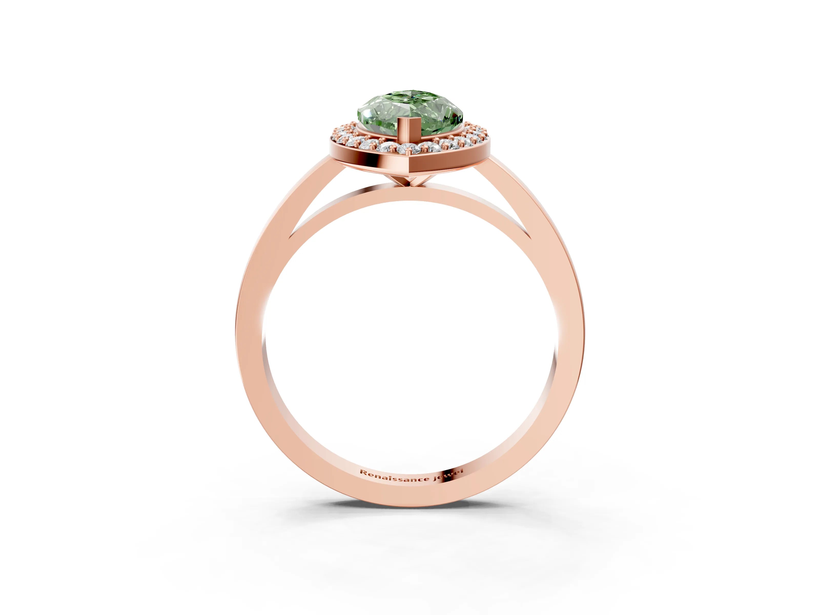Rose gold Fancy Green Marquise Cut Halo Diamond Ring with Solitaire Band and Prong Setting_3