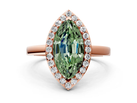 Rose gold Fancy Green Marquise Cut Halo Diamond Ring with Solitaire Band and Prong Setting